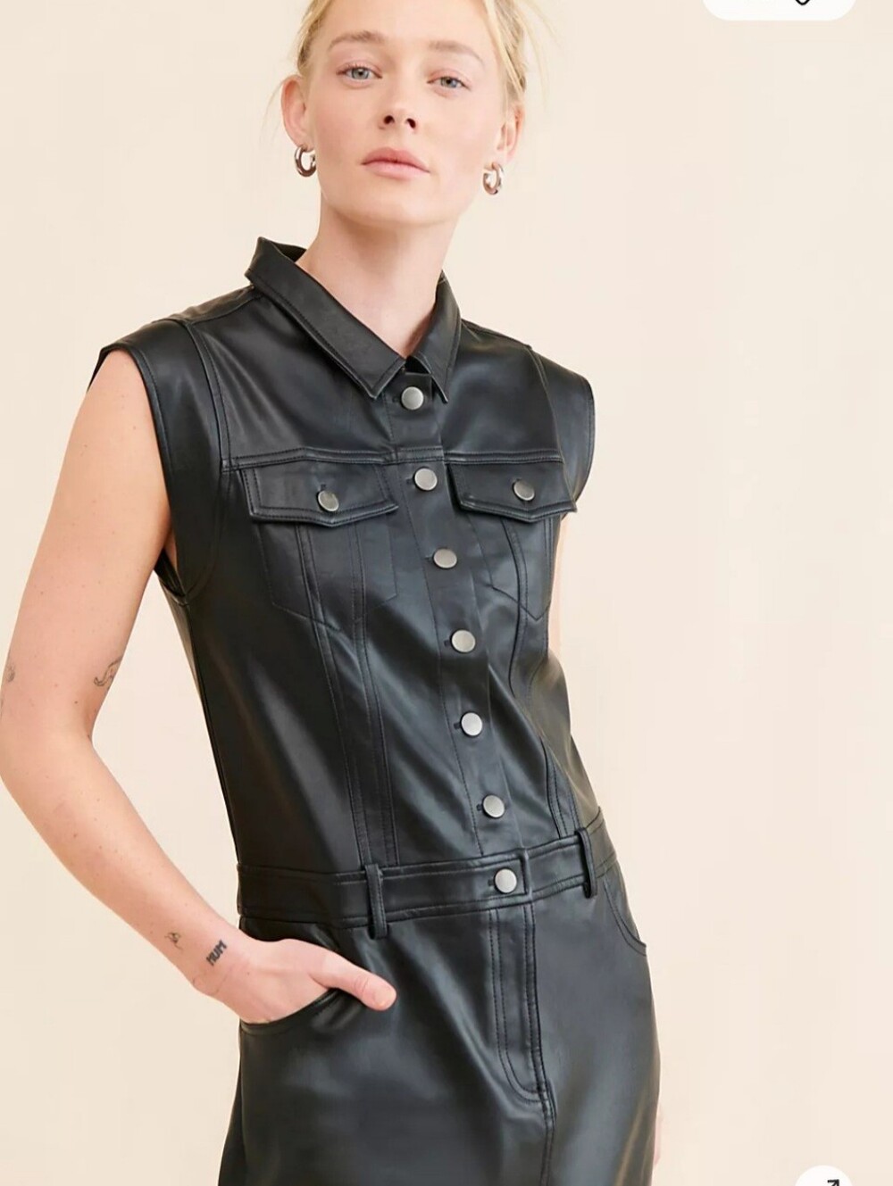 Sleeveless Danny Vegan Leather Button-Front Dress- Black
